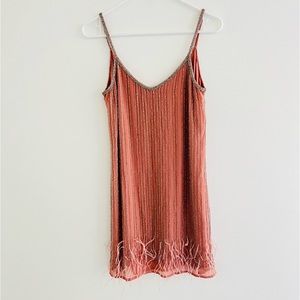 ASOS x Lace & Beads Pink Beaded Feathered Mini Slip Dress Small